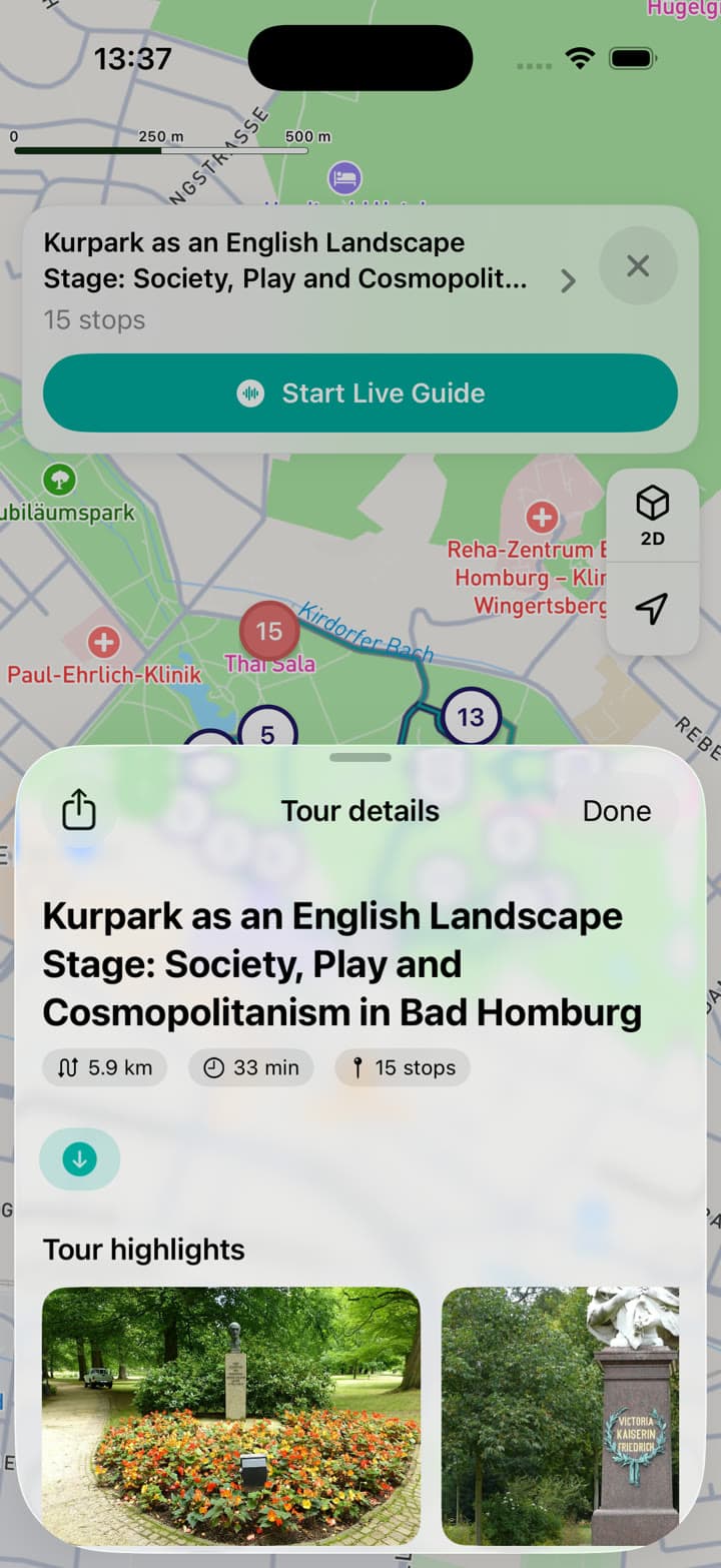 Odisea native app showing tour details, highlights, and the option to start the live guide