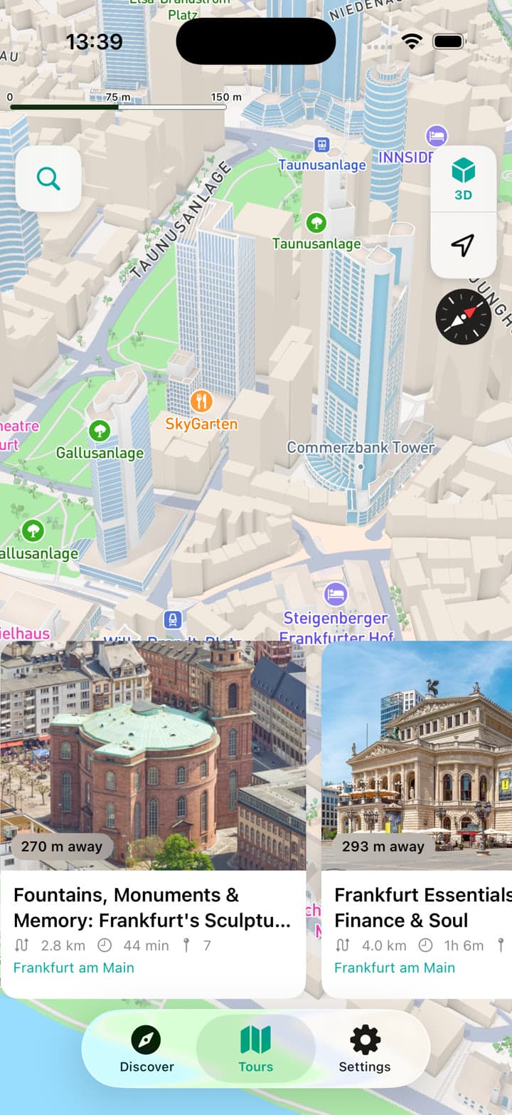 Odisea native app showing nearby Frankfurt tours on a 3D map